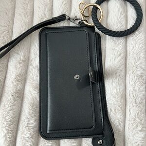 Black Wristlet Wallet with Gold Ring Detail